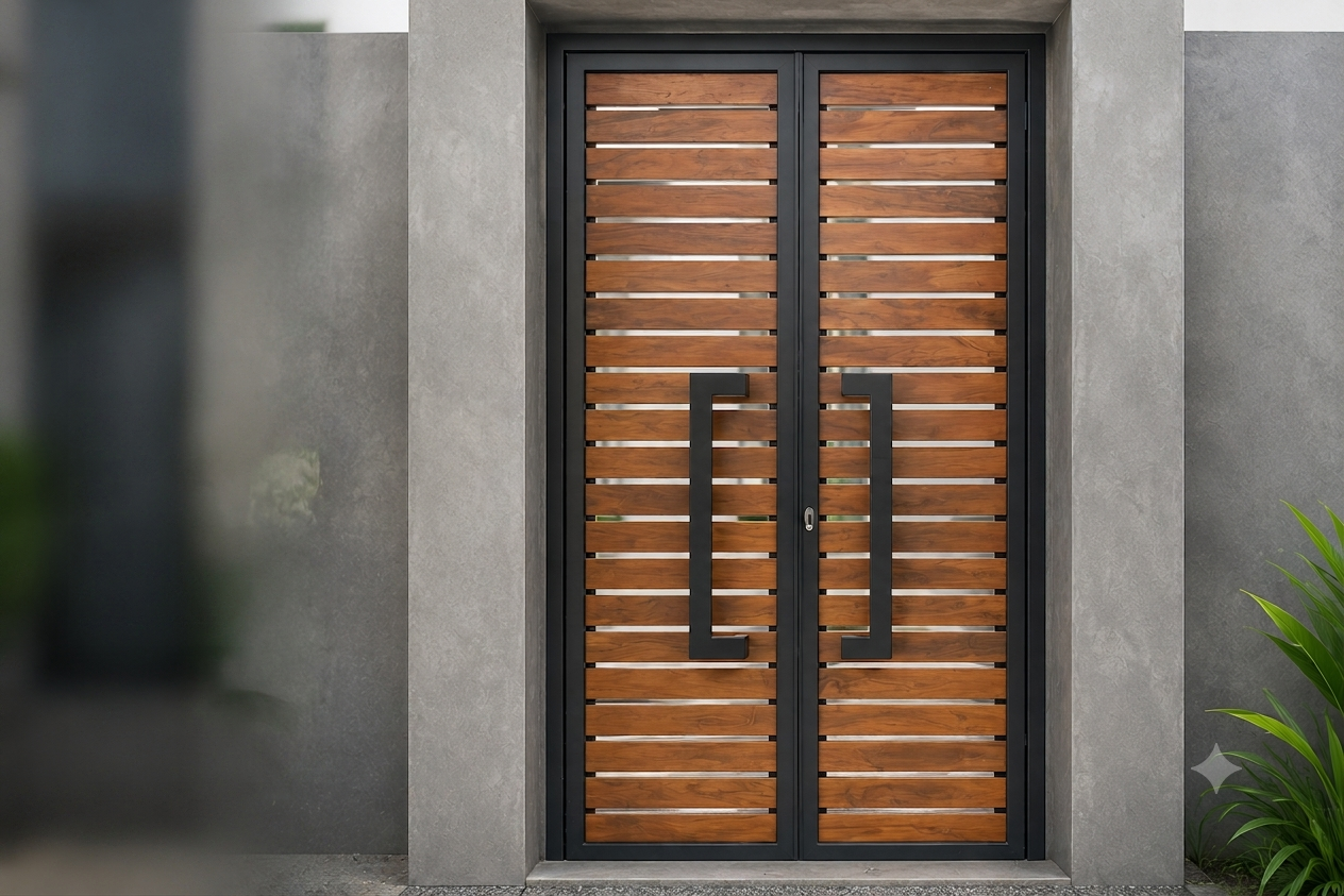Modern Double Swing Gate with Wooden Slats