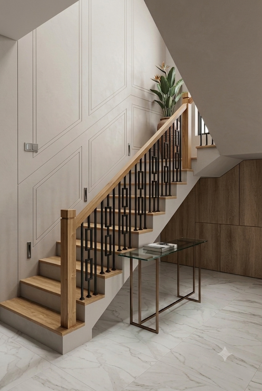 Premium Geometric Balustrade with Oak Finish Pillars