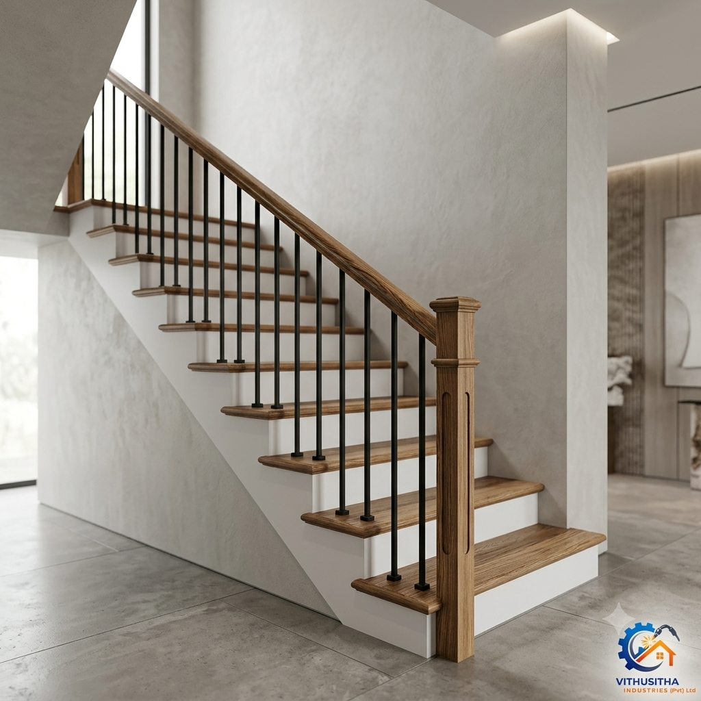 Natural Wood Handrail with Matte Black Metal Pickets