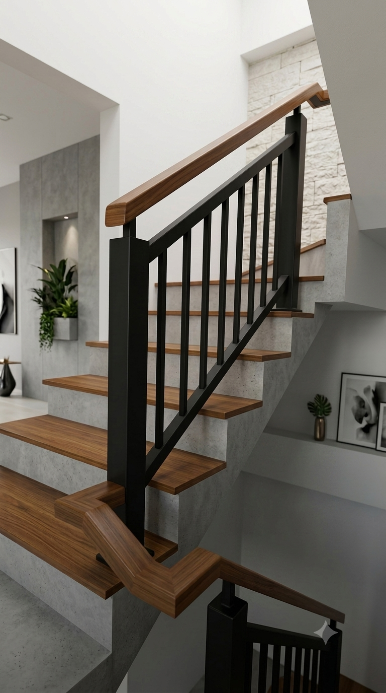 Contemporary Black Steel & Warm Walnut Handrail System